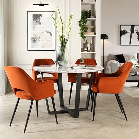 Traviso Round Dining Table & 4 Clara Chairs, Grey Marble Effect & Black Steel, Burnt Orange Classic Velvet, 120cm