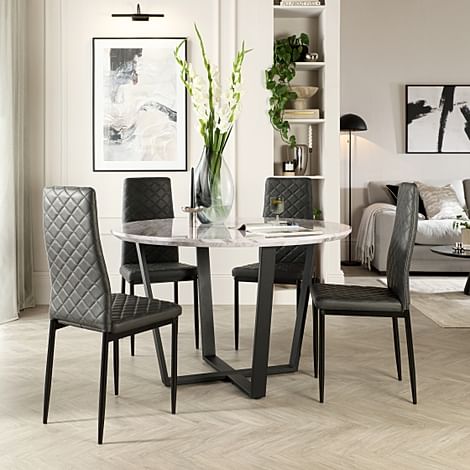 Traviso Round Dining Table & 4 Renzo Chairs, Grey Marble Effect & Black Steel, Vintage Grey Premium Faux Leather, 120cm