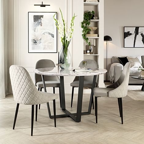 Traviso Round Dining Table & 4 Ricco Chairs, Grey Marble Effect & Black Steel, Grey Classic Velvet, 120cm