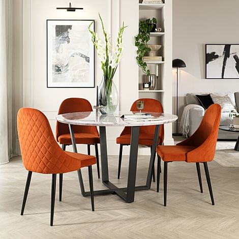 Traviso Round Dining Table & 4 Ricco Chairs, Grey Marble Effect & Black Steel, Burnt Orange Classic Velvet, 120cm