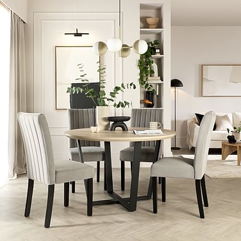 Traviso Round Dining Table & 4 Salisbury Chairs, Light Oak Effect & Black Steel, Grey Classic Velvet & Black Solid Hardwood, 120cm