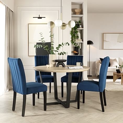 Traviso Round Dining Table & 4 Salisbury Chairs, Light Oak Effect & Black Steel, Blue Classic Velvet & Black Solid Hardwood, 120cm