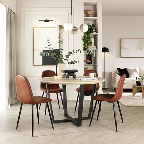 Traviso Round Dining Table & 4 Brooklyn Chairs, Light Oak Effect & Black Steel, Tan Premium Faux Leather, 120cm