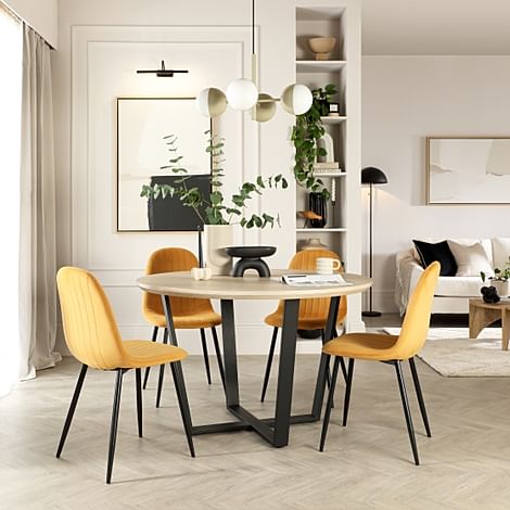 Traviso Round Dining Table & 4 Brooklyn Chairs, Light Oak Effect & Black Steel, Mustard Classic Velvet, 120cm