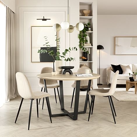 Traviso Round Dining Table & 4 Brooklyn Chairs, Light Oak Effect & Black Steel, Champagne Classic Velvet, 120cm