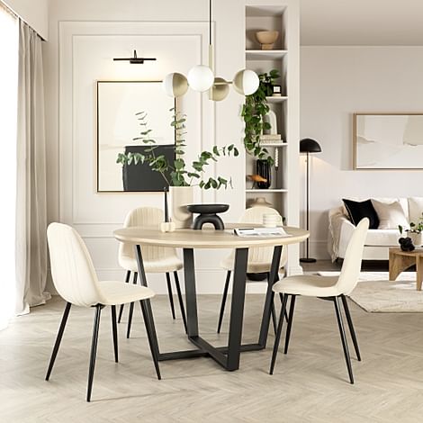 Traviso Round Dining Table & 4 Brooklyn Chairs, Light Oak Effect & Black Steel, Ivory Classic Plush Fabric, 120cm