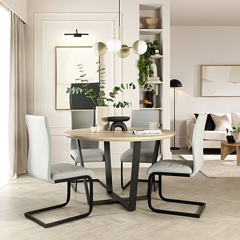 Traviso Round Dining Table & 4 Perth Chairs, Light Oak Effect & Black Steel, Light Grey Premium Faux Leather, 120cm