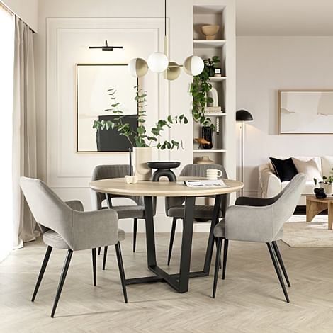 Traviso Round Dining Table & 4 Clara Chairs, Light Oak Effect & Black Steel, Grey Classic Velvet, 120cm