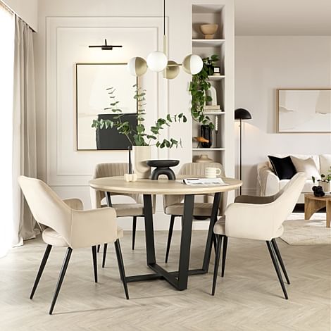 Traviso Round Dining Table & 4 Clara Chairs, Light Oak Effect & Black Steel, Champagne Classic Velvet, 120cm