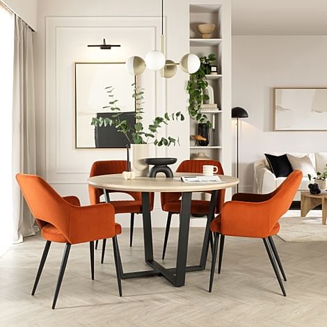 Traviso Round Dining Table & 4 Clara Chairs, Light Oak Effect & Black Steel, Burnt Orange Classic Velvet, 120cm