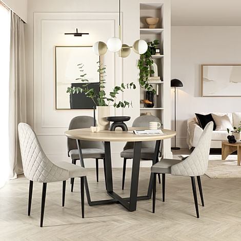 Traviso Round Dining Table & 4 Ricco Chairs, Light Oak Effect & Black Steel, Grey Classic Velvet, 120cm