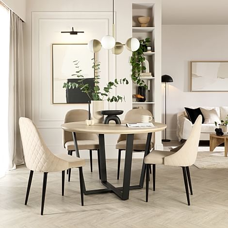 Traviso Round Dining Table & 4 Ricco Chairs, Light Oak Effect & Black Steel, Champagne Classic Velvet, 120cm