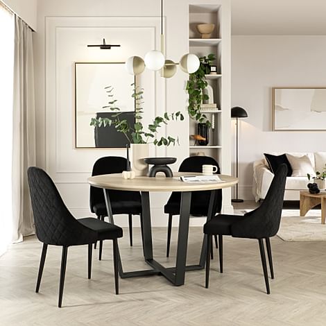 Traviso Round Dining Table & 4 Ricco Chairs, Light Oak Effect & Black Steel, Black Classic Velvet, 120cm