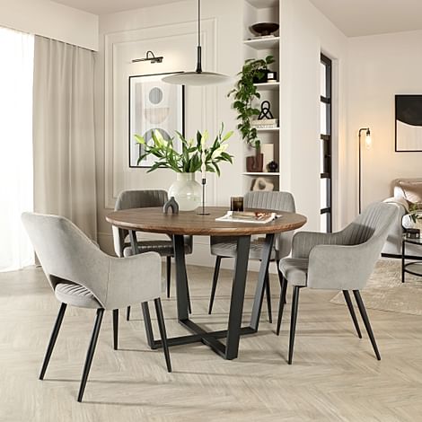 Traviso Round Dining Table & 4 Clara Chairs, Industrial Walnut Effect & Black Steel, Grey Classic Velvet, 120cm