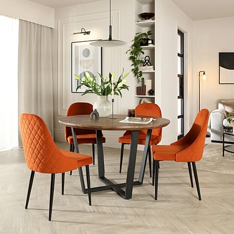 Traviso Round Dining Table & 4 Ricco Chairs, Industrial Walnut Effect & Black Steel, Burnt Orange Classic Velvet, 120cm