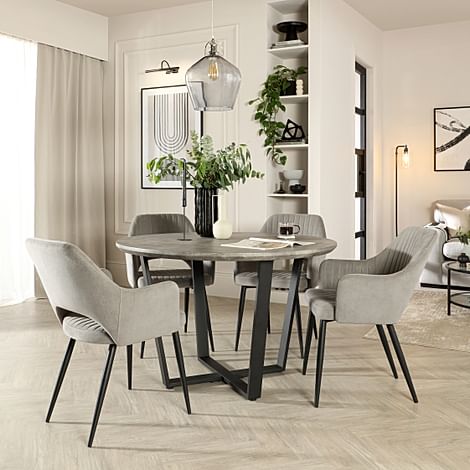 Traviso Round Dining Table & 4 Clara Chairs, Industrial Concrete Effect & Black Steel, Grey Classic Velvet, 120cm