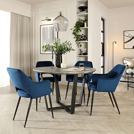 Traviso Round Dining Table & 4 Clara Chairs, Industrial Concrete Effect & Black Steel, Blue Classic Velvet, 120cm