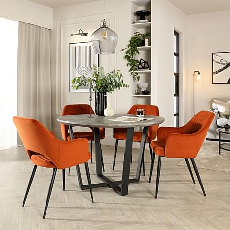 Traviso Round Dining Table & 4 Clara Chairs, Industrial Concrete Effect & Black Steel, Burnt Orange Classic Velvet, 120cm