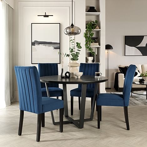 Traviso Round Dining Table & 4 Salisbury Chairs, Black Oak Effect & Black Steel, Blue Classic Velvet & Black Solid Hardwood, 120cm