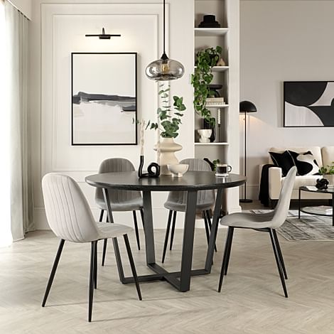 Traviso Round Dining Table & 4 Brooklyn Chairs, Black Oak Effect & Black Steel, Grey Classic Velvet, 120cm