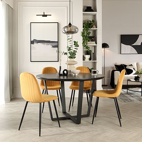 Traviso Round Dining Table & 4 Brooklyn Chairs, Black Oak Effect & Black Steel, Mustard Classic Velvet, 120cm