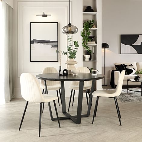 Traviso Round Dining Table & 4 Brooklyn Chairs, Black Oak Effect & Black Steel, Ivory Classic Plush Fabric, 120cm