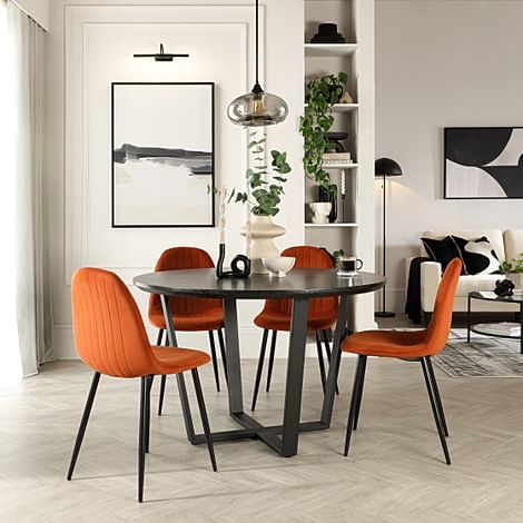 Traviso Round Dining Table & 4 Brooklyn Chairs, Black Oak Effect & Black Steel, Burnt Orange Classic Velvet, 120cm