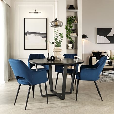 Traviso Round Dining Table & 4 Clara Chairs, Black Oak Effect & Black Steel, Blue Classic Velvet, 120cm