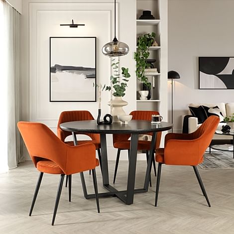 Traviso Round Dining Table & 4 Clara Chairs, Black Oak Effect & Black Steel, Burnt Orange Classic Velvet, 120cm