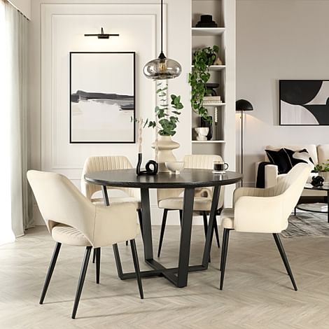 Traviso Round Dining Table & 4 Clara Chairs, Black Oak Effect & Black Steel, Ivory Classic Plush Fabric, 120cm