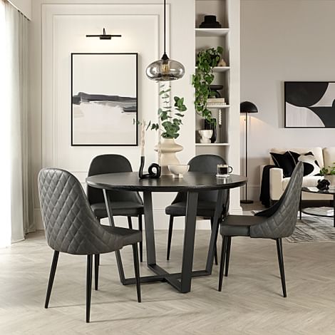 Traviso Round Dining Table & 4 Ricco Chairs, Black Oak Effect & Black Steel, Vintage Grey Premium Faux Leather, 120cm