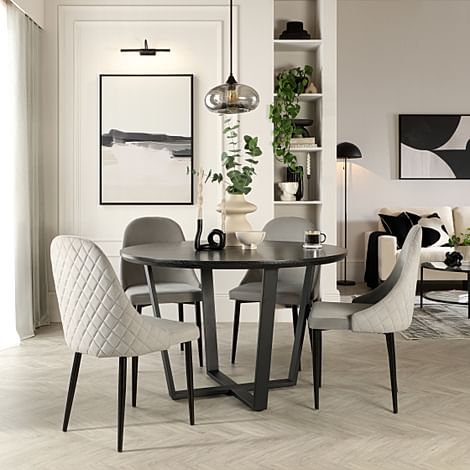 Traviso Round Dining Table & 4 Ricco Chairs, Black Oak Effect & Black Steel, Grey Classic Velvet, 120cm