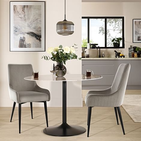 Orbit Round Dining Table & 2 Liza Chairs, Grey Marble Effect & Black Steel, Grey Classic Velvet, 110cm