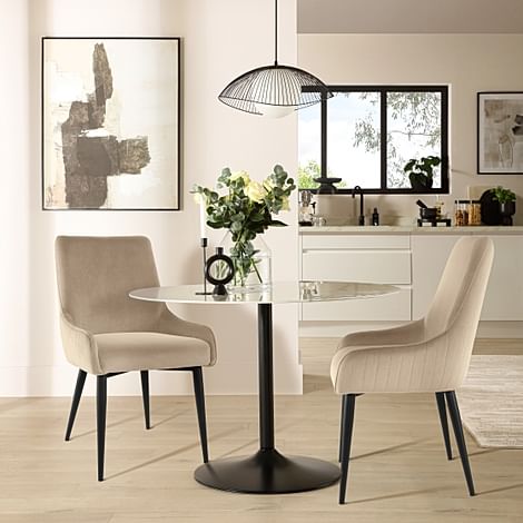 Orbit Round Dining Table & 2 Liza Chairs, White Marble Effect & Black Steel, Champagne Classic Velvet, 110cm