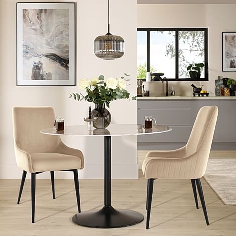 Orbit Round Dining Table & 2 Liza Chairs, Grey Marble Effect & Black Steel, Champagne Classic Velvet, 110cm