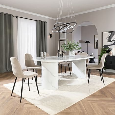 Genoa Oval Dining Table & 4 Brooklyn Chairs, White Marble Effect, Champagne Classic Velvet & Black Steel, 220cm