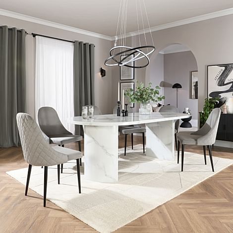 Genoa Oval Dining Table & 4 Ricco Chairs, White Marble Effect, Grey Classic Velvet & Black Steel, 220cm