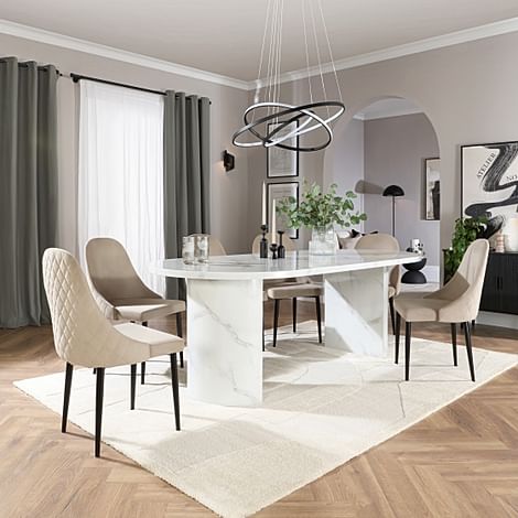 Genoa Oval Dining Table & 4 Ricco Chairs, White Marble Effect, Champagne Classic Velvet & Black Steel, 220cm