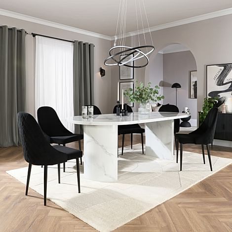 Genoa Oval Dining Table & 4 Ricco Chairs, White Marble Effect, Black Classic Velvet & Black Steel, 220cm