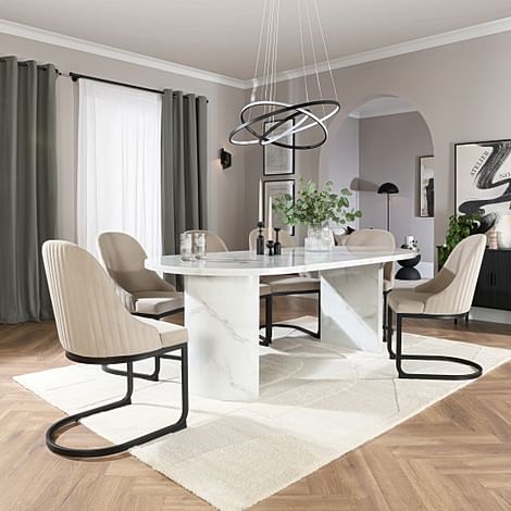 Genoa Oval Dining Table & 4 Riva Chairs, White Marble Effect, Champagne Classic Velvet & Black Steel, 220cm