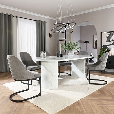 Genoa Oval Dining Table & 4 Riva Chairs, White Marble Effect, Grey Classic Velvet & Black Steel, 220cm