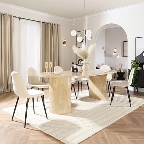 Genoa Oval Dining Table & 4 Brooklyn Chairs, Travertine Stone Effect, Ivory Classic Plush Fabric & Black Steel, 220cm