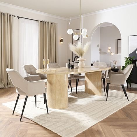 Genoa Oval Dining Table & 4 Clara Chairs, Travertine Stone Effect, Champagne Classic Velvet & Black Steel, 220cm