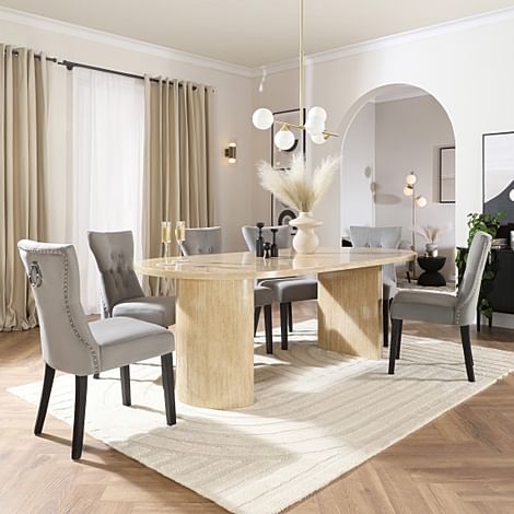 Genoa Oval Dining Table & 6 Kensington Chairs, Travertine Stone Effect, Grey Classic Velvet & Black Solid Hardwood, 220cm