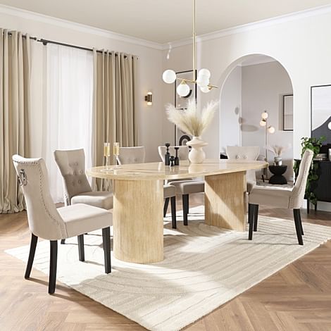 Genoa Oval Dining Table & 4 Kensington Chairs, Travertine Stone Effect, Champagne Classic Velvet & Black Solid Hardwood, 220cm