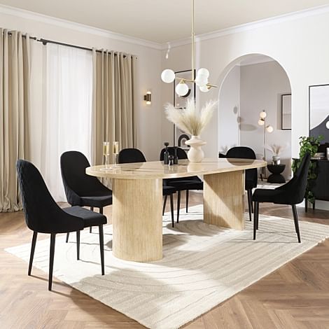 Genoa Oval Dining Table & 4 Ricco Chairs, Travertine Stone Effect, Black Classic Velvet & Black Steel, 220cm