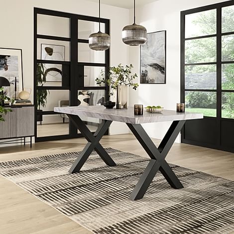 Franklin Dining Table, 150cm, Grey Marble Effect & Black Steel