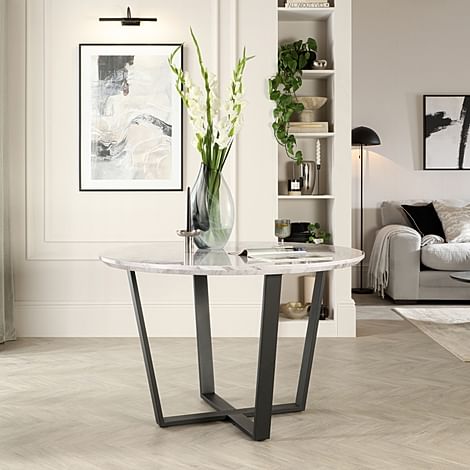 Traviso Round Dining Table, 120cm, Grey Marble Effect & Black Steel