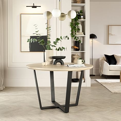 Traviso Round Dining Table, 120cm, Light Oak Effect & Black Steel