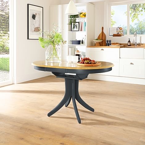 Hudson Round Extending Dining Table, 90-120cm, Natural Oak Finish & Slate Blue Solid Hardwood